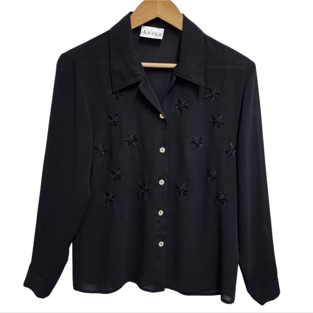 Vintage Award Blouse Women M Black Polyester Floral Embroidered Button Up Sheer